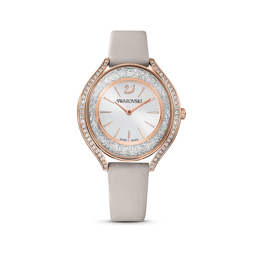 Crystalline Aura watch Leather strap, Gray, Rose-gold tone PVD - Shukha Online Store