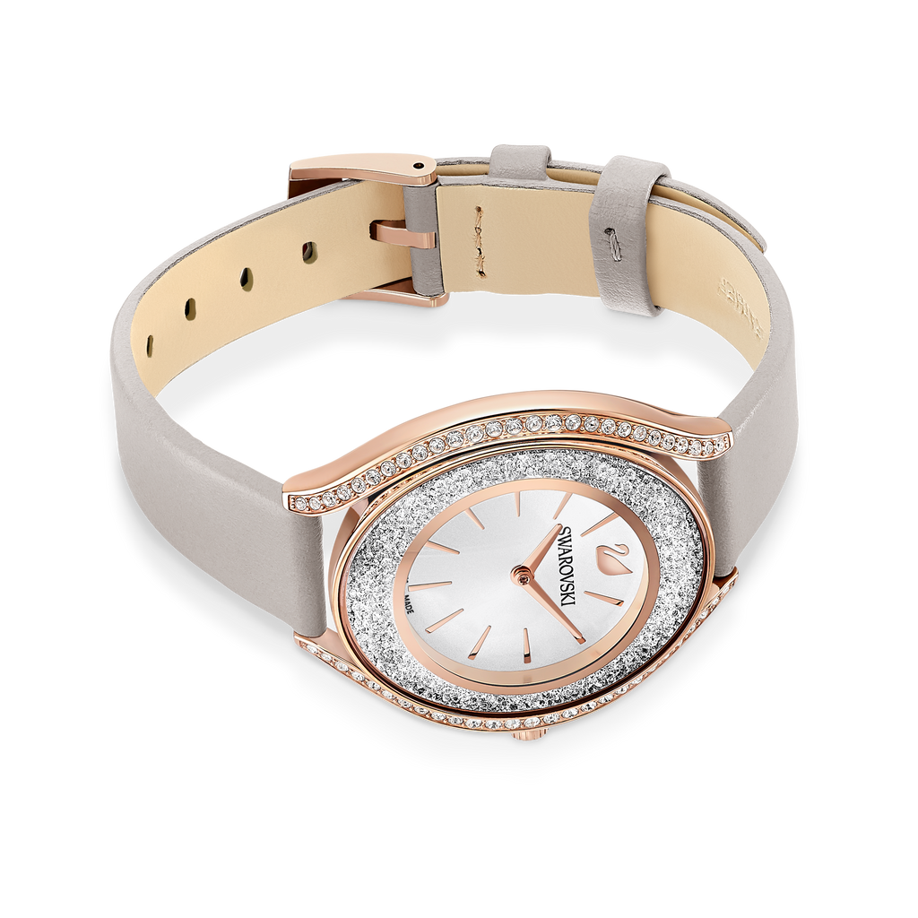 Crystalline Aura watch Leather strap, Gray, Rose-gold tone PVD - Shukha Online Store