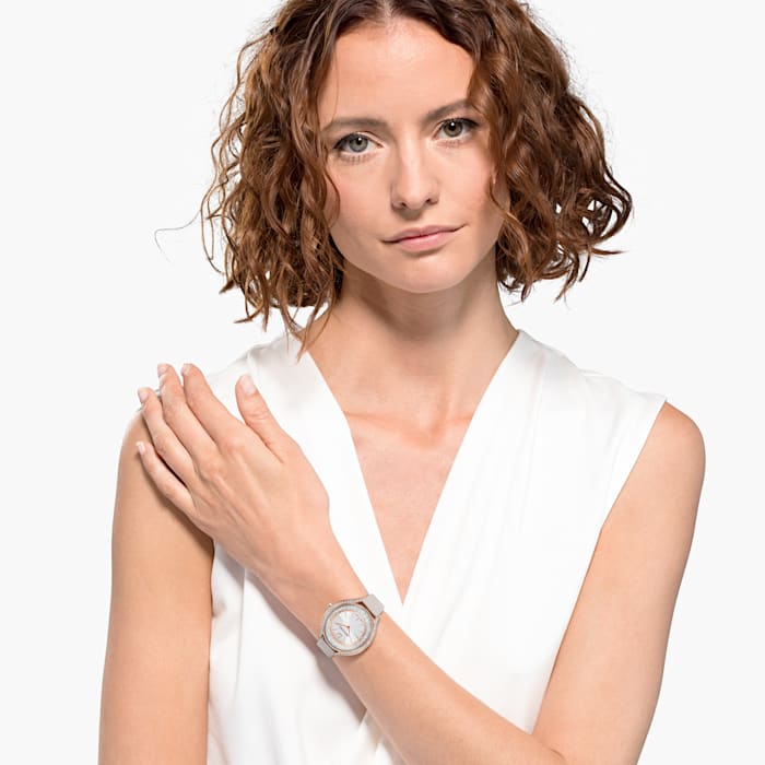 Crystalline Aura watch Leather strap, Gray, Rose-gold tone PVD - Shukha Online Store