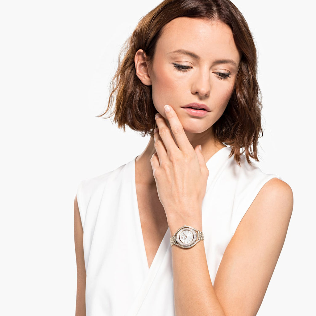 Crystalline Aura watch Metal bracelet, Gold tone, Champagne-gold tone PVD - Shukha Online Store