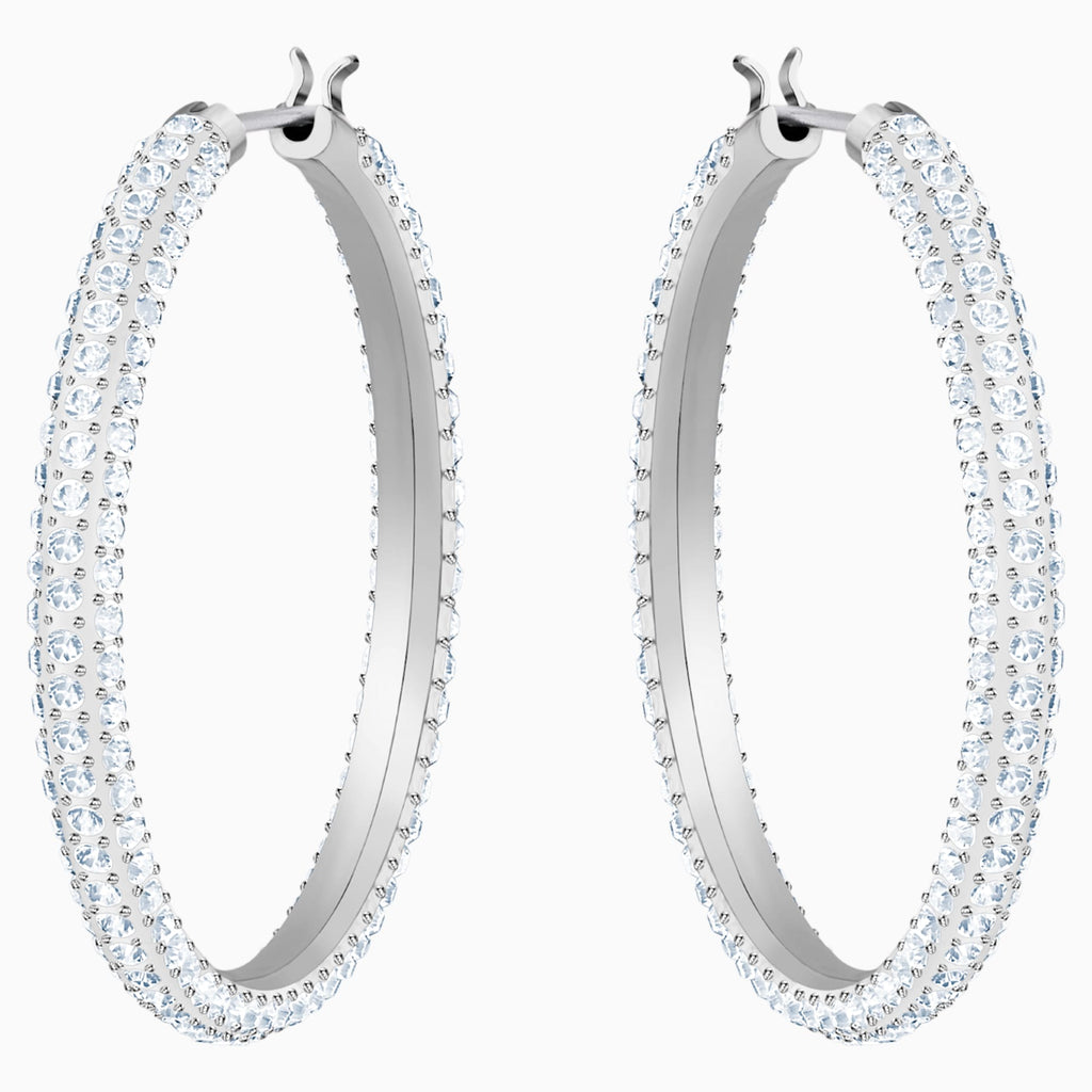 STONE HOOP PIERCED EARRINGS, WHITE, RHODIUM PLATED - Shukha Online Store