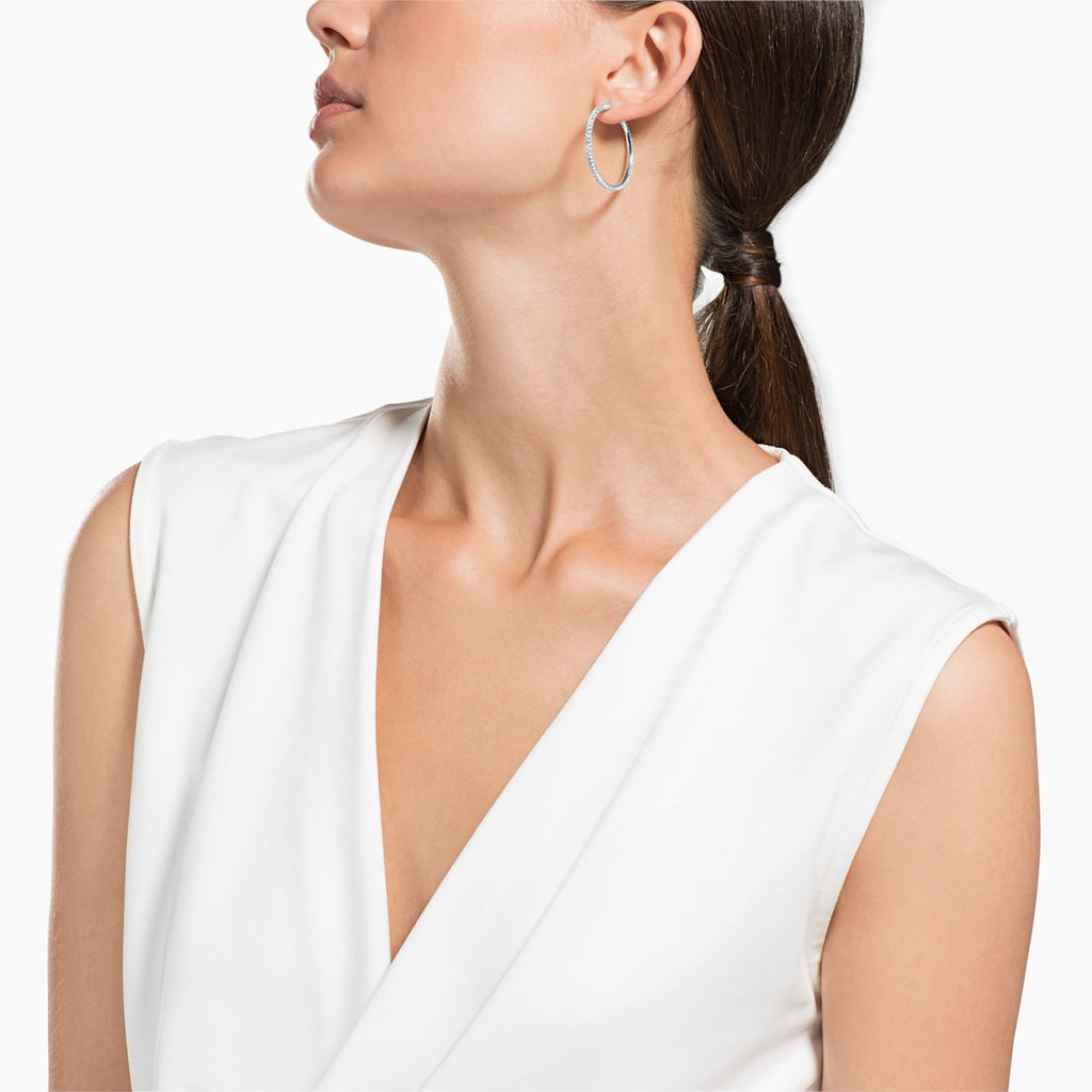 STONE HOOP PIERCED EARRINGS, WHITE, RHODIUM PLATED - Shukha Online Store