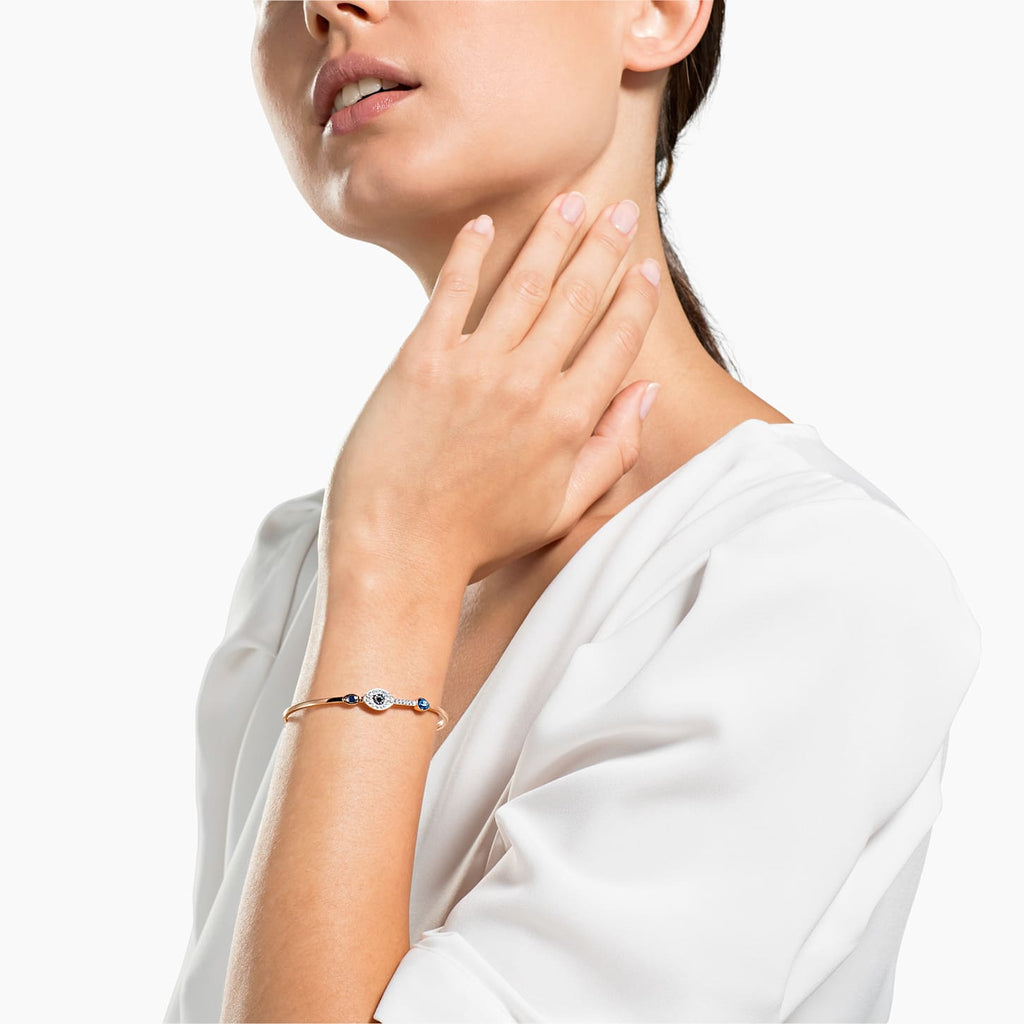 SYMBOLIC EVIL EYE BANGLE, BLUE, MIXED METAL FINISH - Shukha Online Store