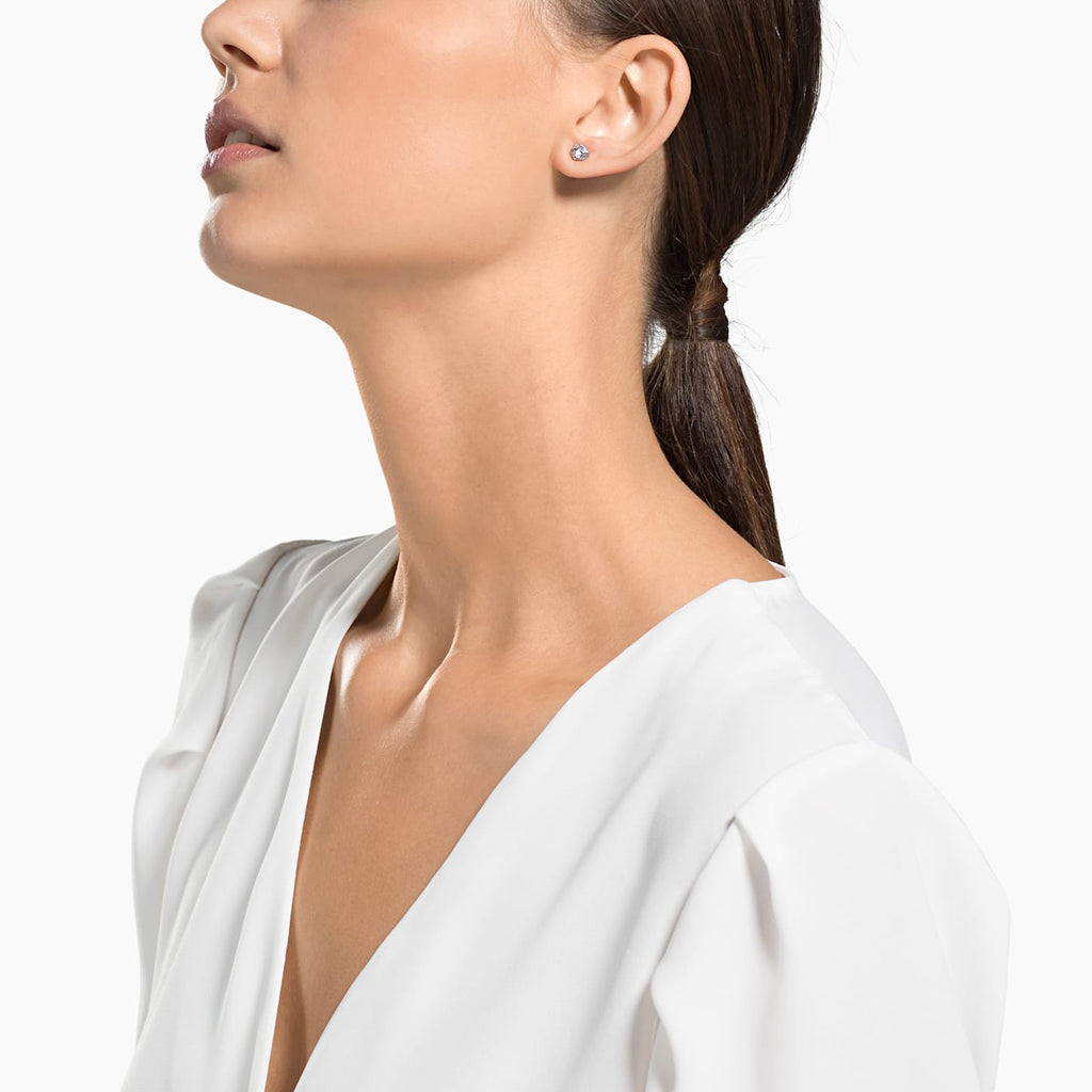 ATTRACT ROUND PIERCED EARRINGS, WHITE, RHODIUM PLATED - Shukha Online Store