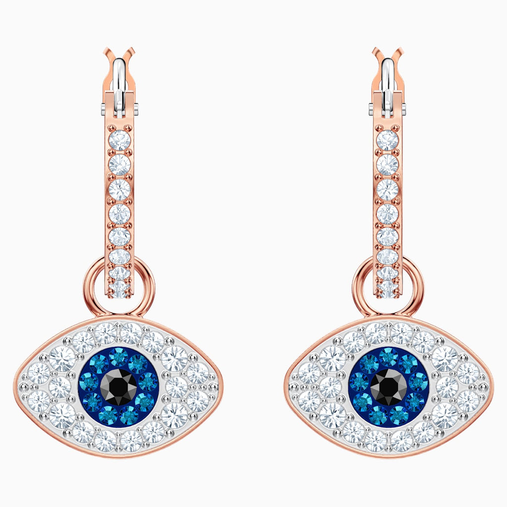 SYMBOLIC EVIL EYE HOOP PIERCED EARRINGS, BLUE, ROSE-GOLD TONE PLATED - Shukha Online Store