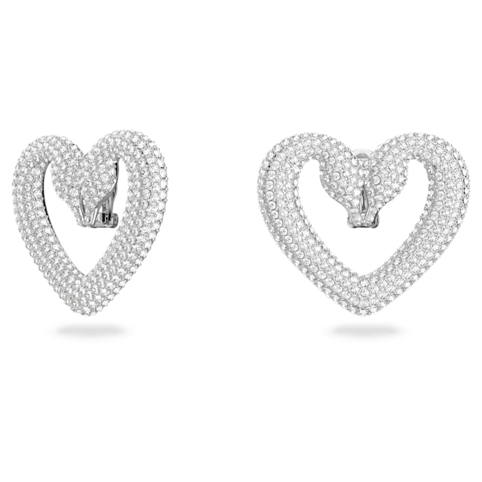 Una clip earrings Heart, Medium, White, Rhodium plated - Shukha Online Store