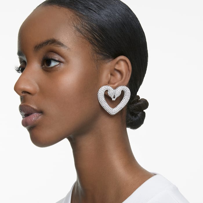 Una clip earrings Heart, Medium, White, Rhodium plated - Shukha Online Store